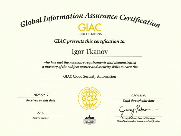 GIAC Cloud Security Automation certificate