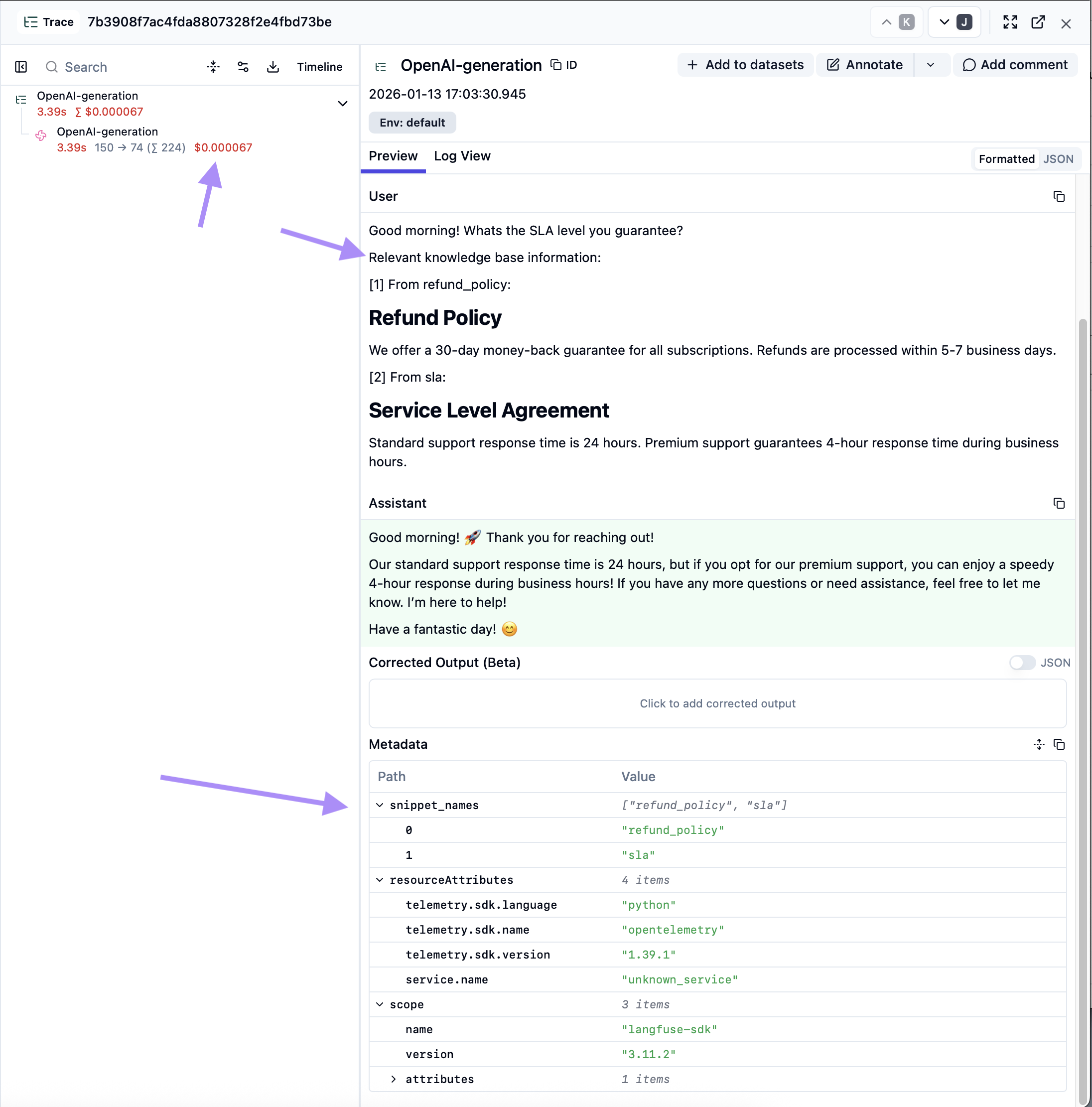 Langfuse trace view showing input, retrieved context and LLM response