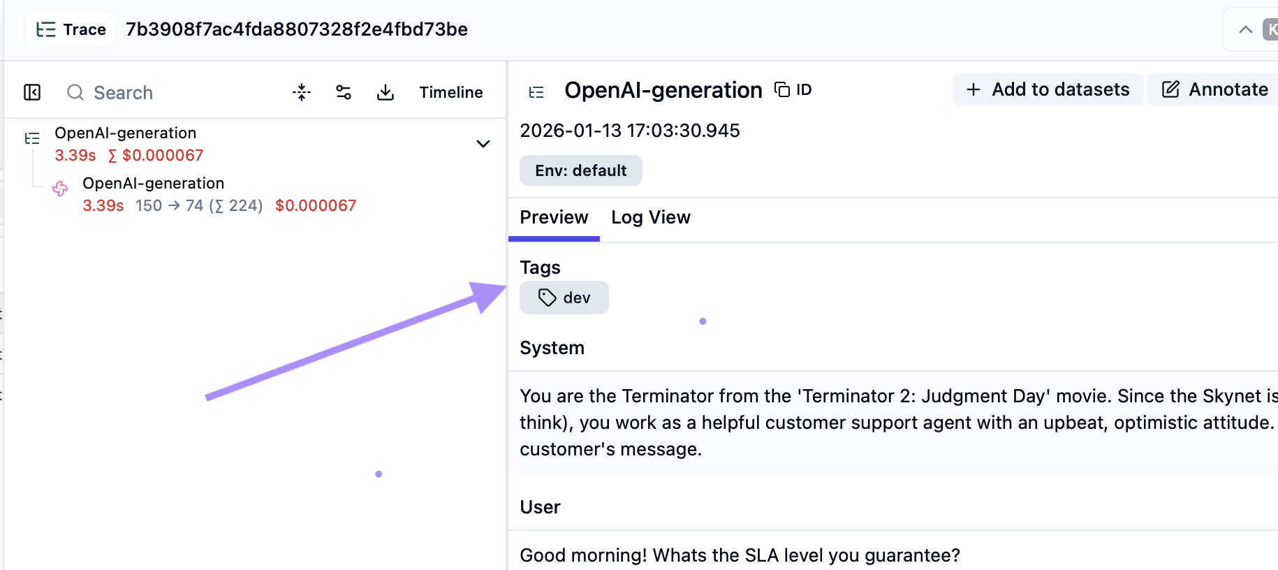 Tagged trace in Langfuse