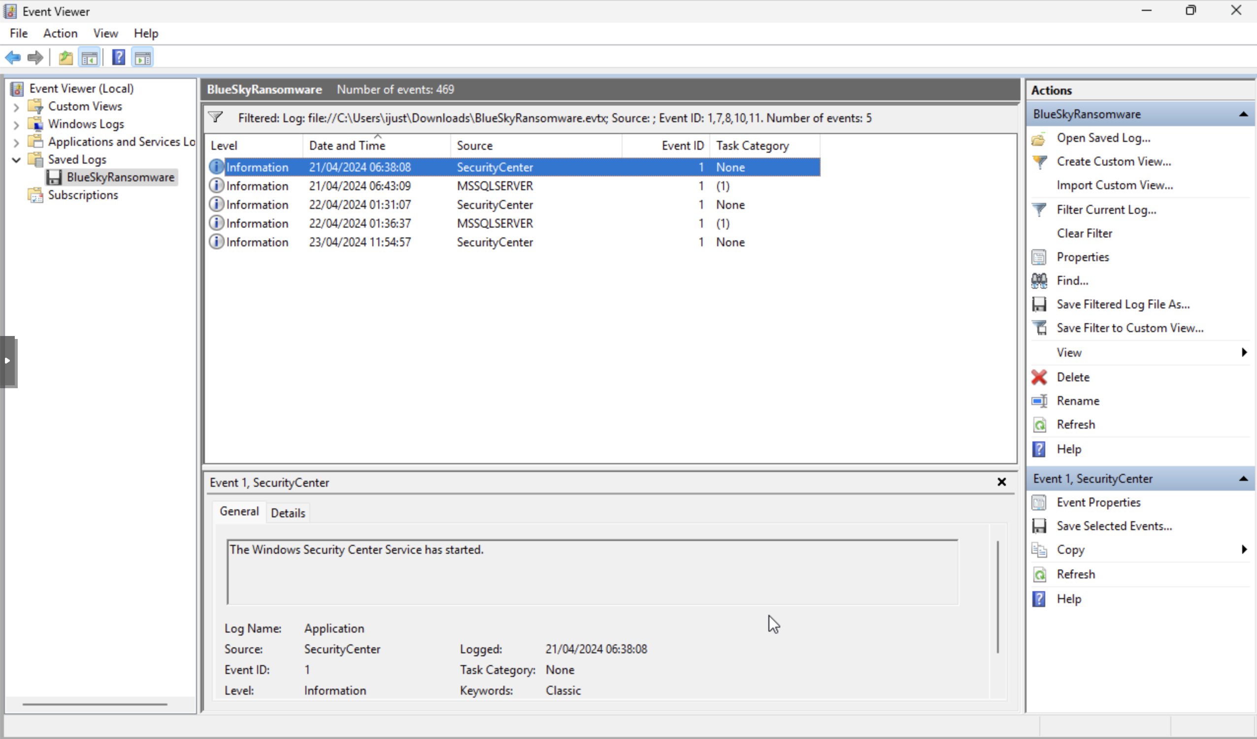 Windows Event Viewer with a filter on event IDs