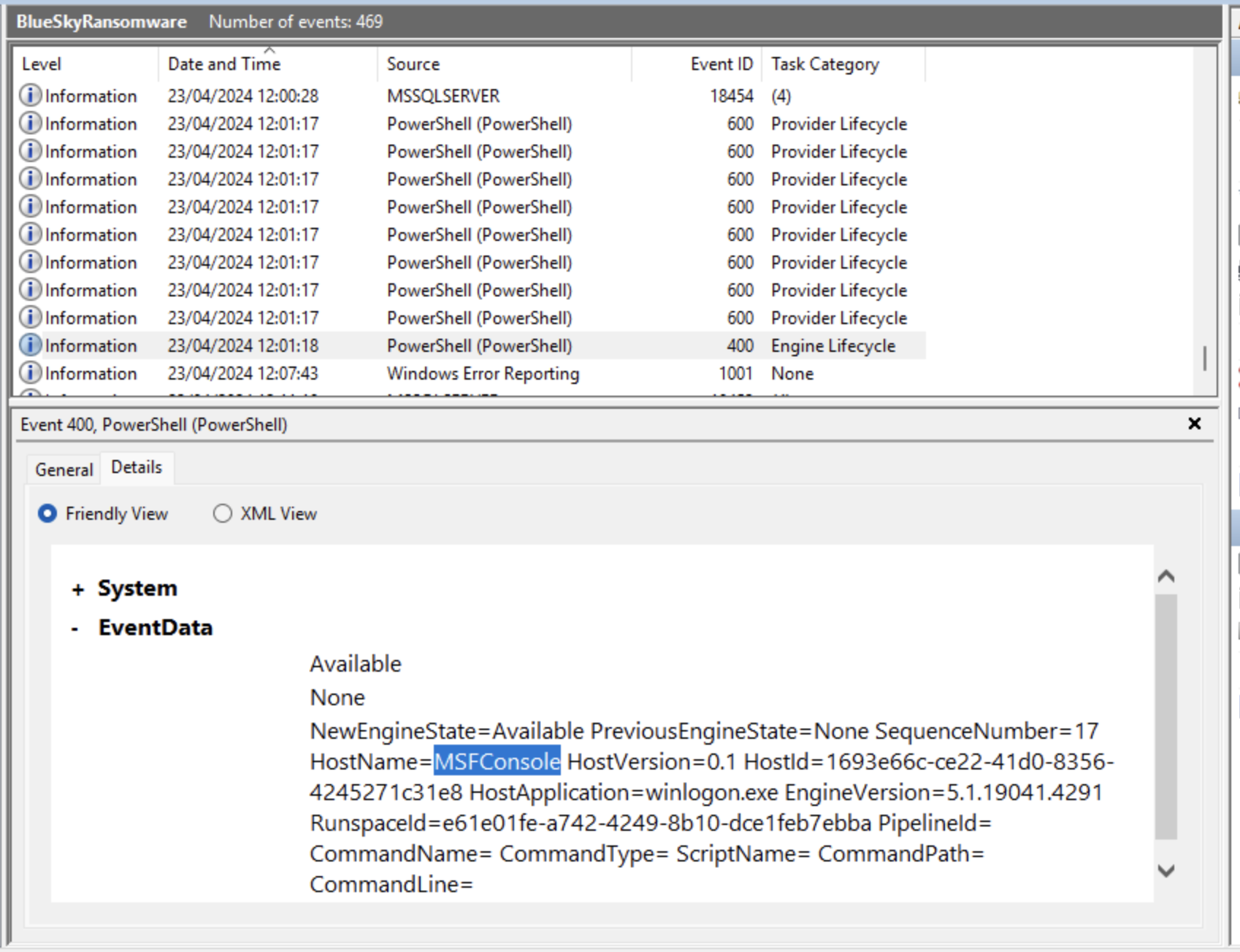 MSFConsole in the hostname field pointing to Metasploit