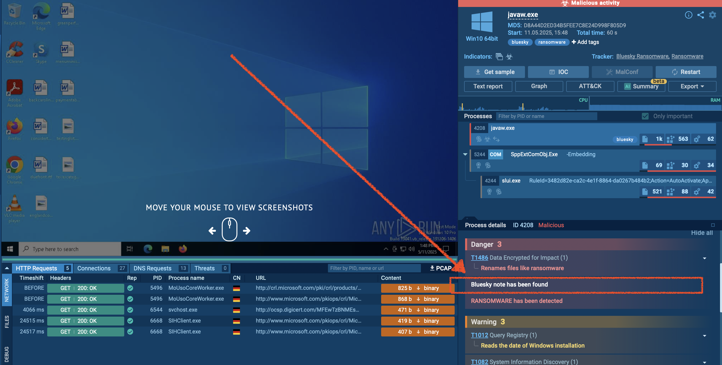 Infecting a Windows 10 system with the ransomware live at any.run