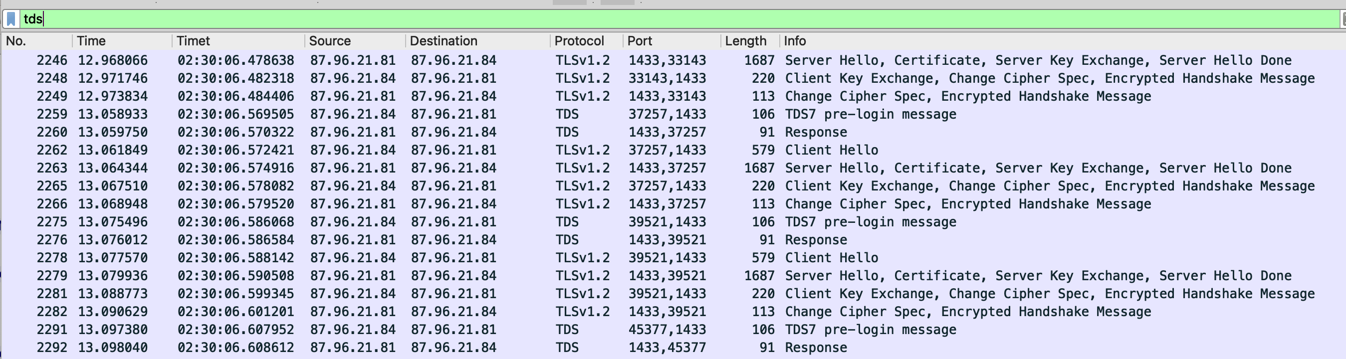 TDS protocol filter applied