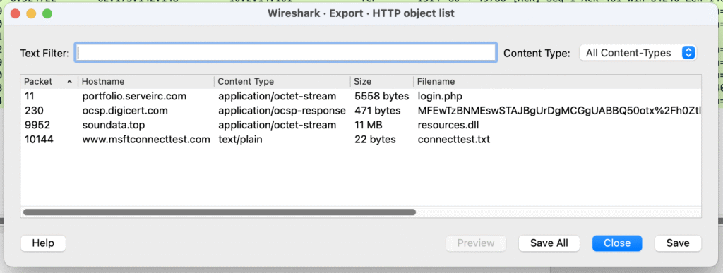 Wireshark Export HTTP object list