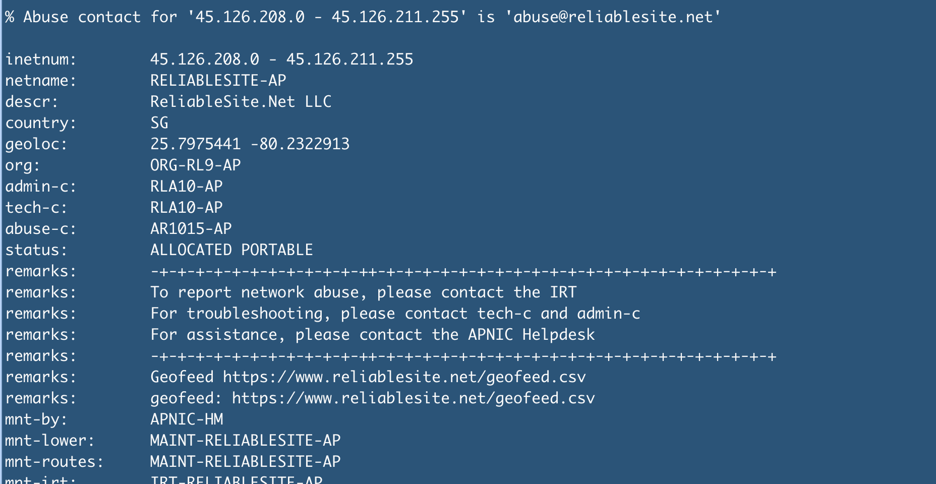Whois query results for 45[.]126[.]209[.]4