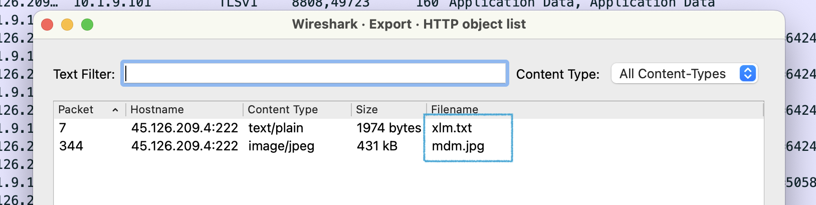 Wireshark showing 2 files contained in the PCAP file