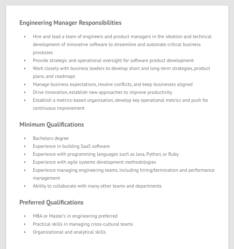 Typical Engineering manager position description