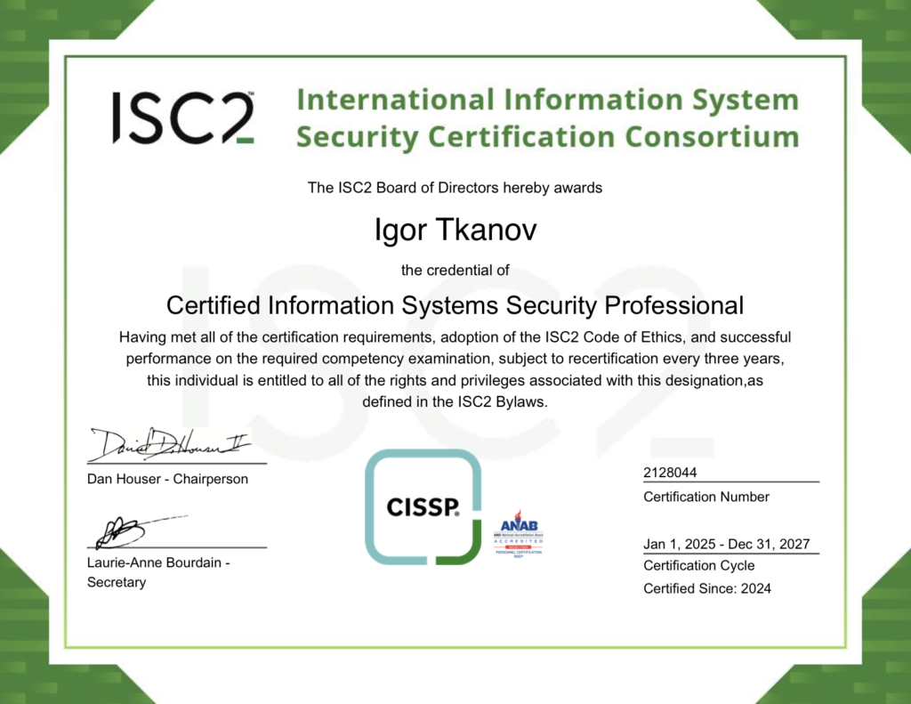 CISSP certificate by ISC2