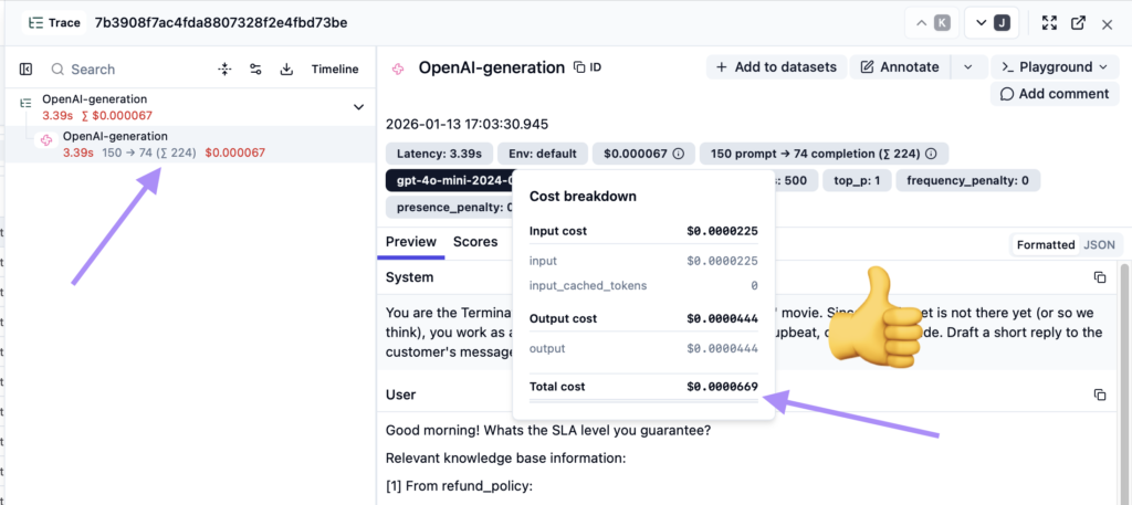 Langfuse dashboard showing a trace
