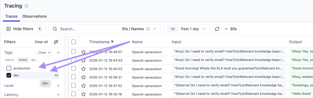 Langfuse dashboard showing a Trace and tags